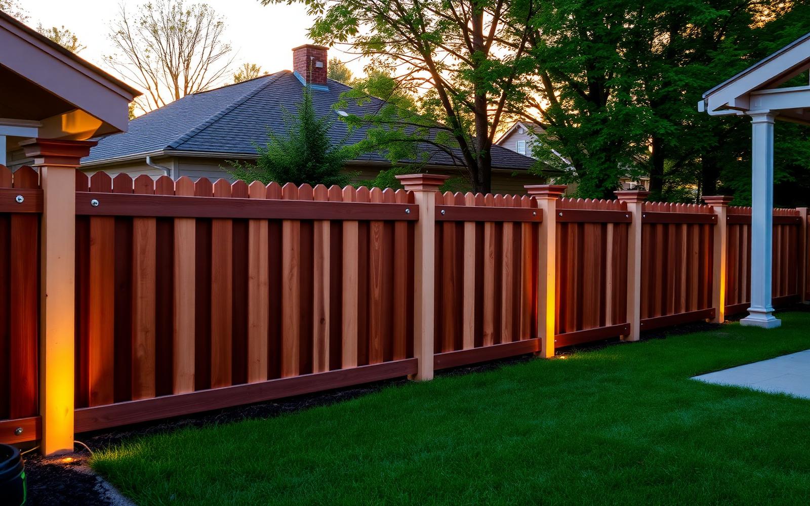 Custom crafted wooden fence at golden hour